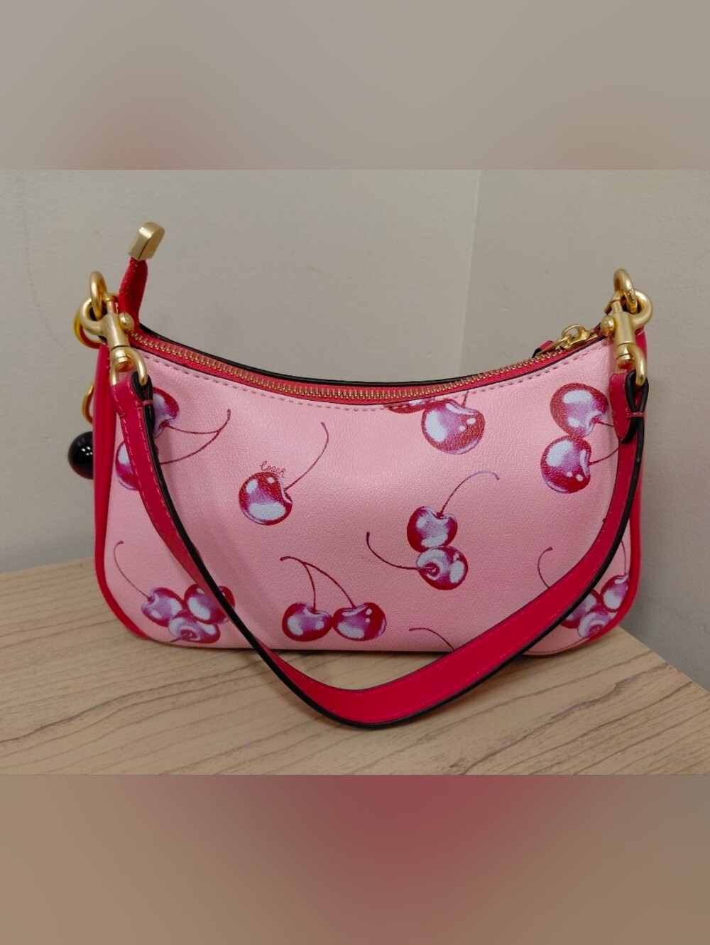 Coach Pink Cherry-Print Mini Shoulder Bag with Gold Hardware - Picture 6 of 7